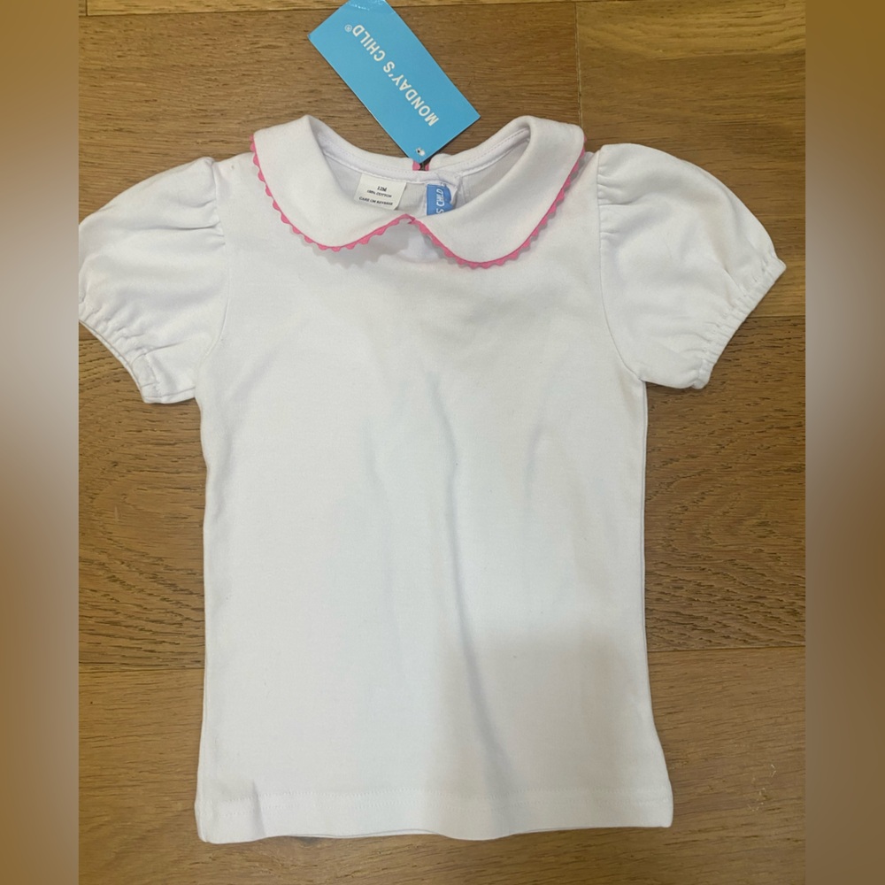 Monday’s Child White girls collared cotton shirt with Pink Trim 12m NWT